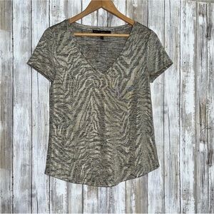 White House Black Market Metallic Sheer Zebra Print V-Neck Tee